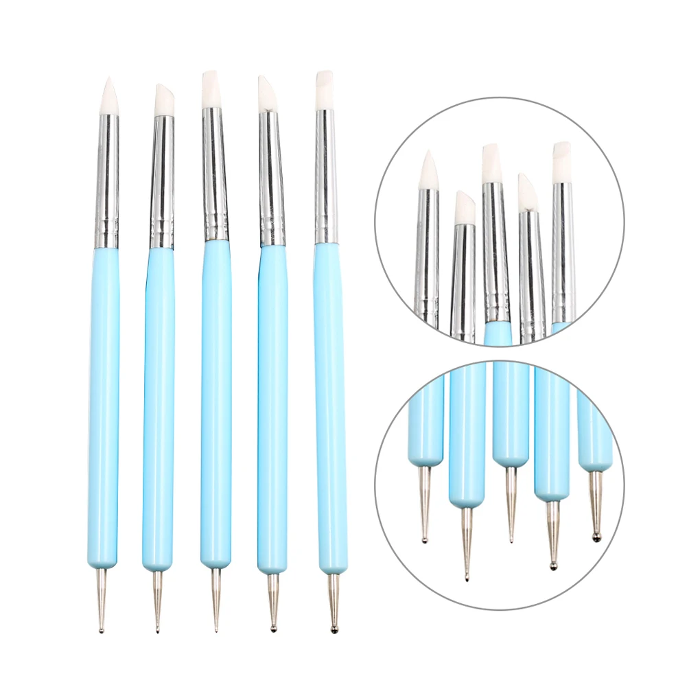 5pcs Soft Pottery Clay Tool Silicone   Stainless steel Two Head Sculpting Polymer Modelling Pottery Craft Art Silicone Brushes