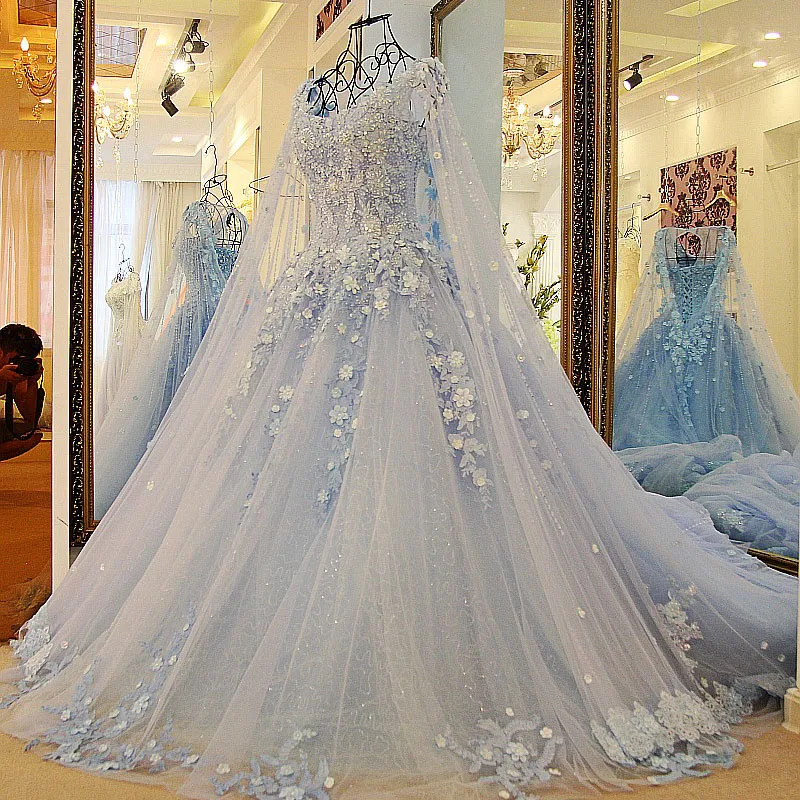 Wedding Dress Prom Gowns Romantic Sky Blue 2024 Vestido De Noiva Lace Appliqued Pearls Ball Gown with Long Cape Custom Made