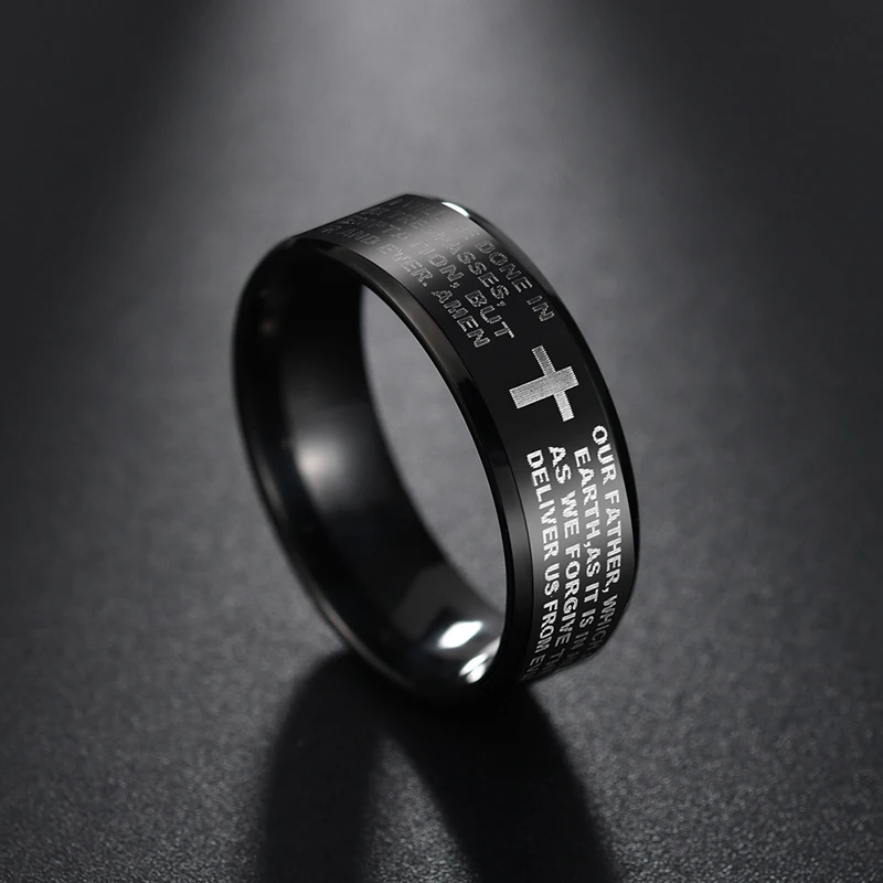 AsJerlya Black Titanium Steel English Letter Lord\'s Prayer Ring Serenity Men\'s Bible Cross Rings For Women Jesus Jewelry