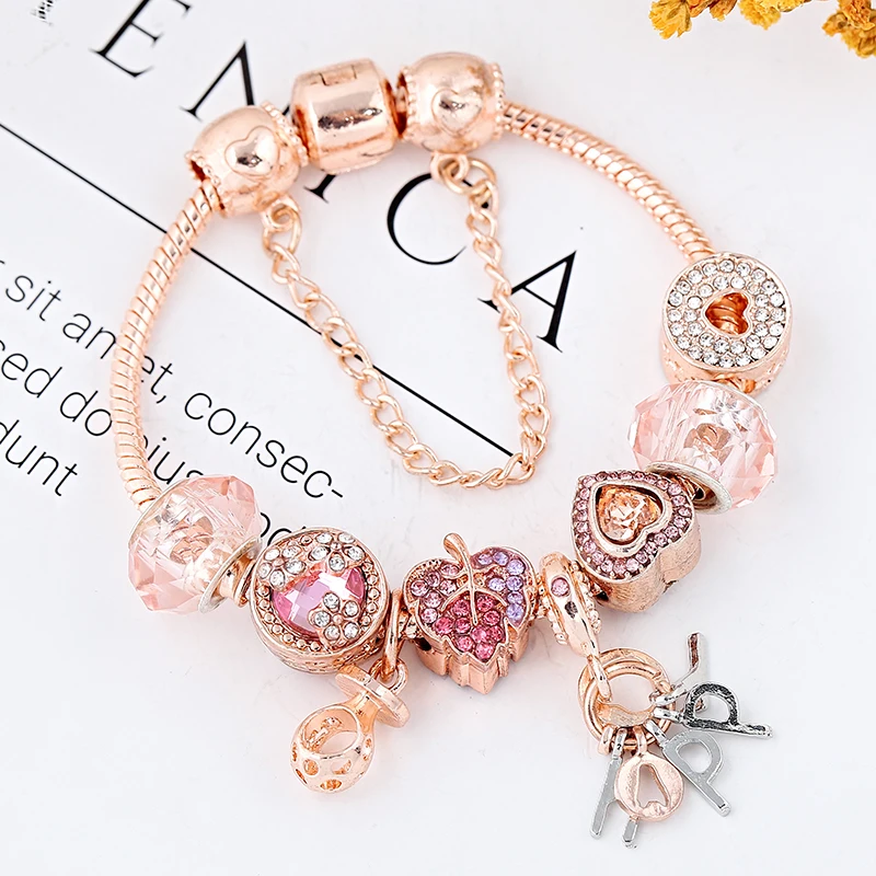 BAOPON Luxury Rose Gold HAPPY Pendant Charm Bracelets&Bangles For Women Silver Plated Bracelet Handmade Jewelry Crystal Bracelet