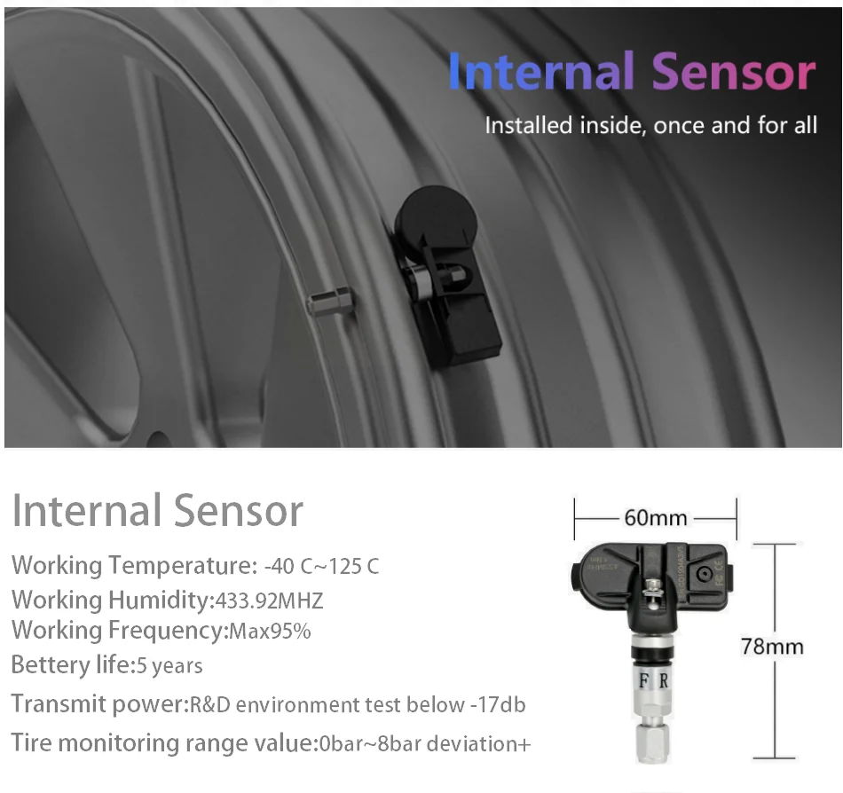 USB Android TPMS Tire Pressure Monitoring System Wireless Transmission 8 bar 116 psi Alarm System 5V Internal External