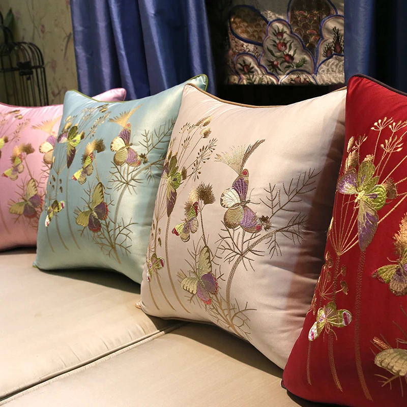 Butterfly Pillows Chinese Cushion Case Satin Embroidery Decorative Pillow Cover For Sofa Living Room Chair Home Decorations