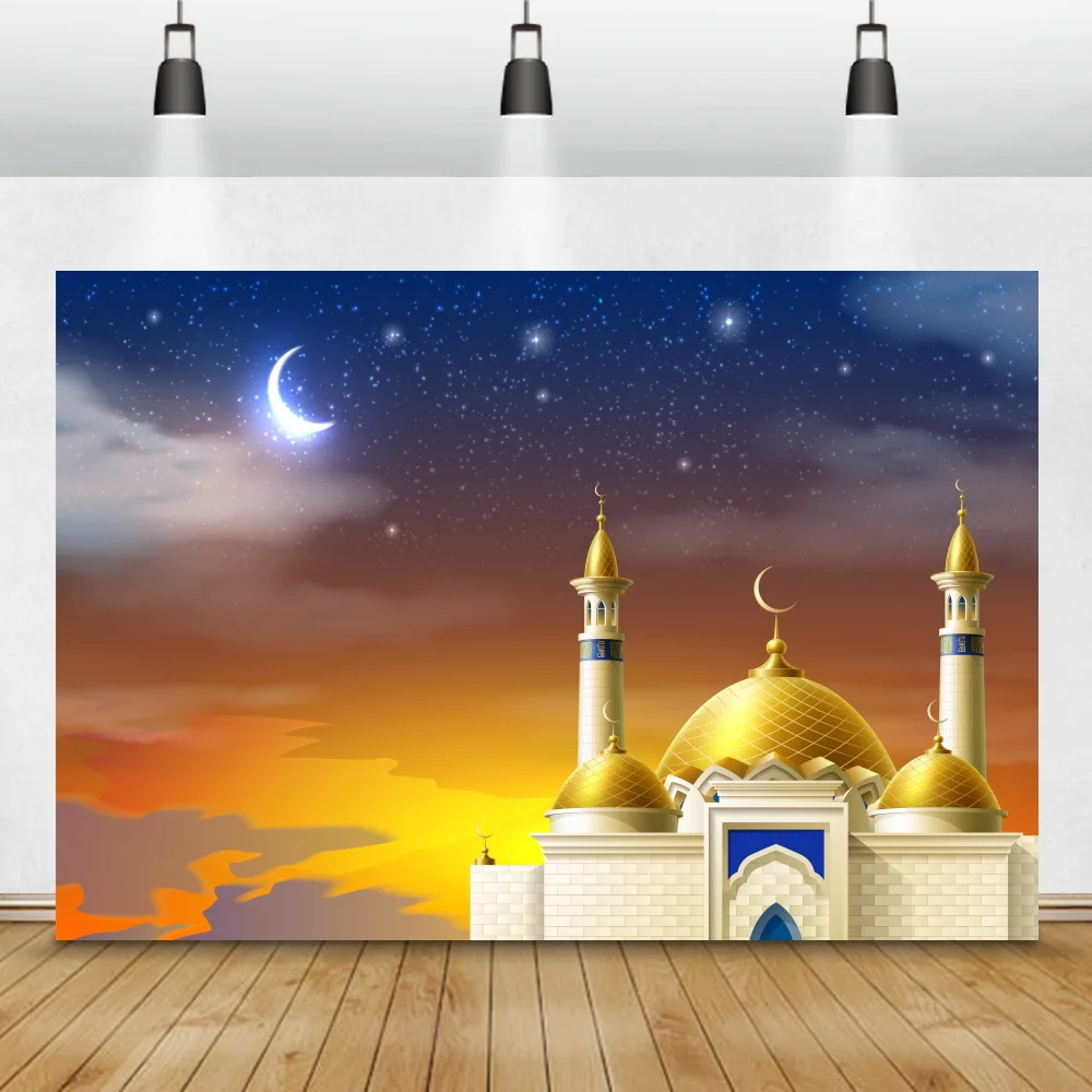 Laeacco Eid Mubarak Photo Backdrop Mosque Ramadan Kareem Moon Party Poster Baby Photographic Background Photocall Photo Studio