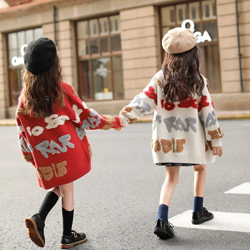 Girls Clothing Knit Cardigan Sweaters Letters Embroidered Sweater Coats Loose Thicken Long Cardigan Knitwear Overcoat Print Kids