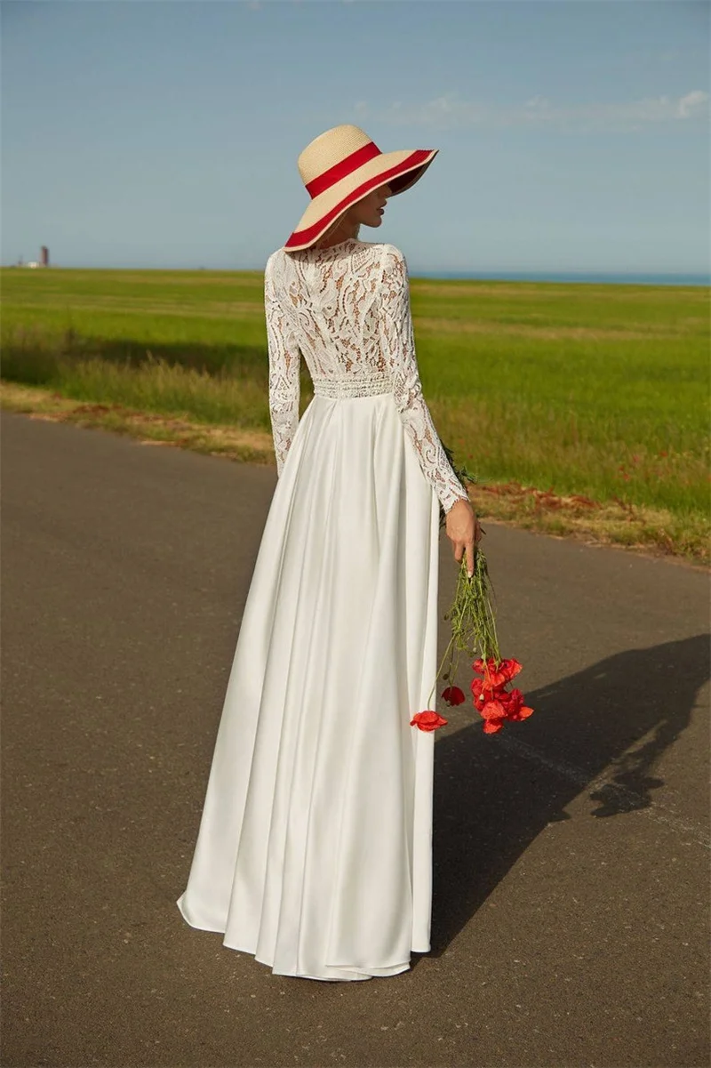 Vestido de novia bohemio de satén con manga larga, traje de boda de corte en A, de encaje, longitud hasta el suelo, 11199