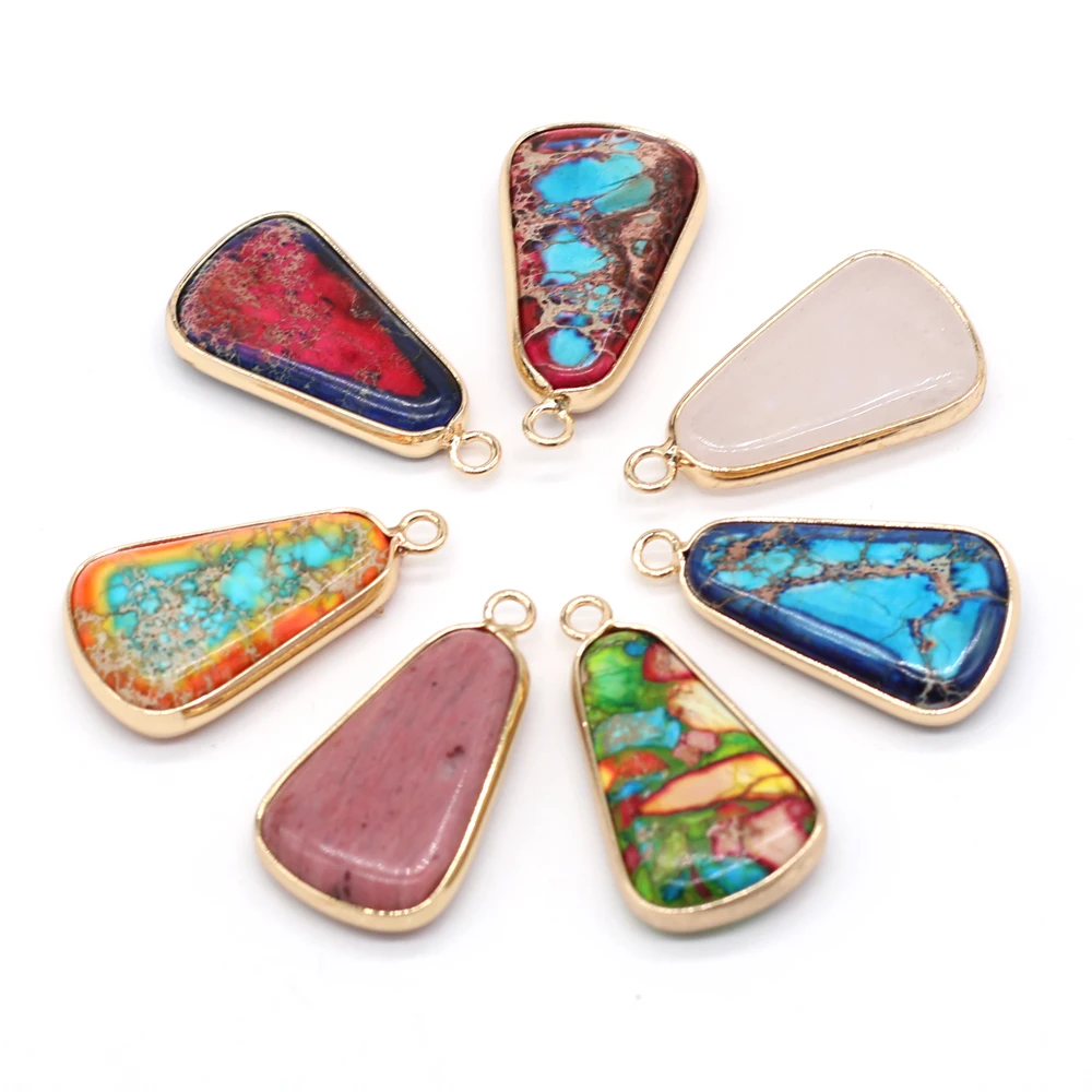 6PCS Wholesale Trapezoid Natural Imperial Jasper Stone  Pendant For Jewelry Making DIY Necklace Accessory Charm Gift