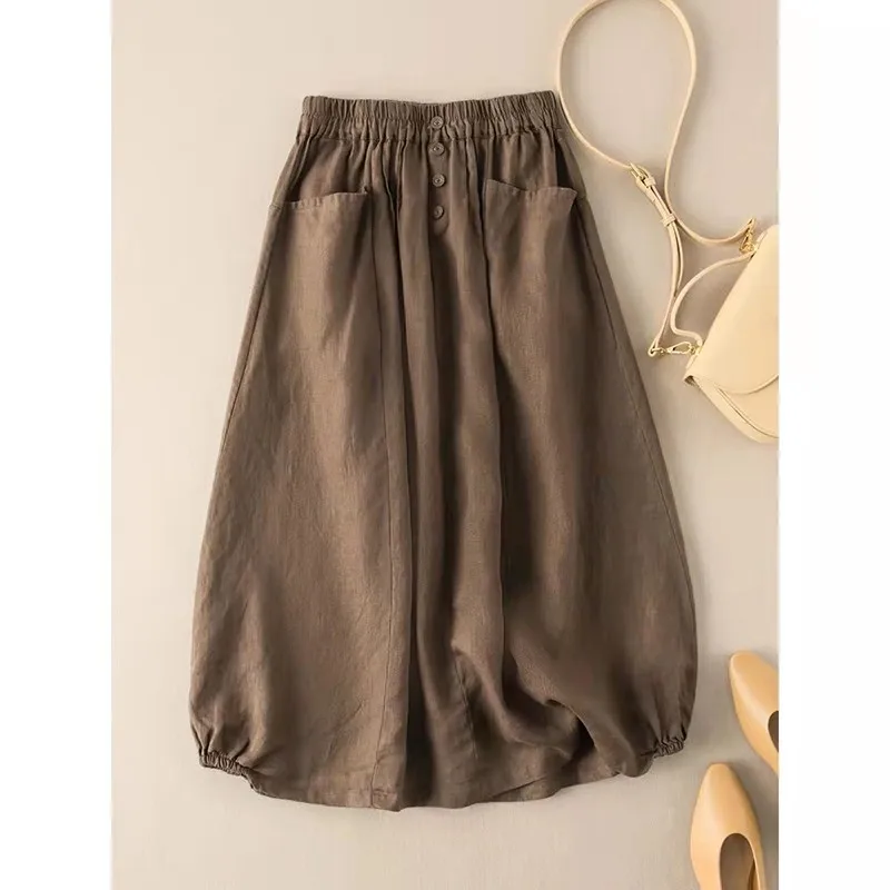 

2021 New Arrival Summer Korean Style Women High Waist A-line Skirt Elastic Waist Button Design Mid-calf Cotton Linen Skirts B473