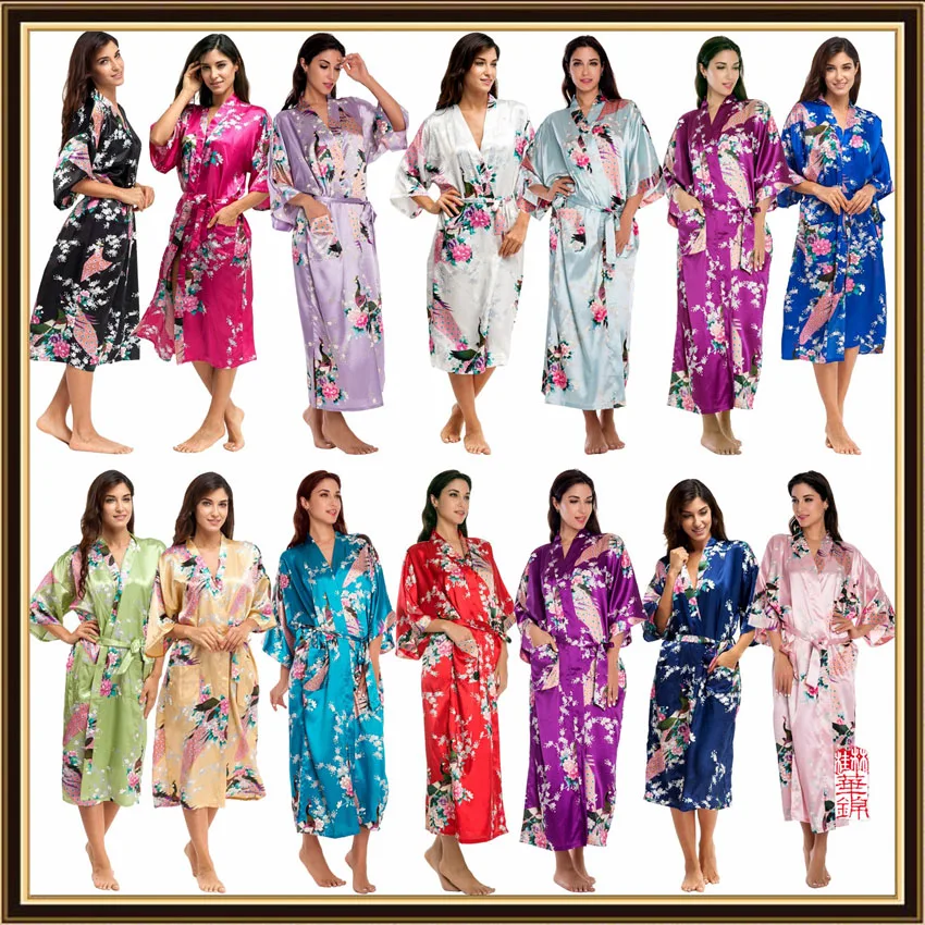 

Half Sleeve Loose Style Woman Japanese Kimono Satin Silk Sleepwear Pajamas Peacock Spa Yukata Bathing Robe Lady's Long Dress