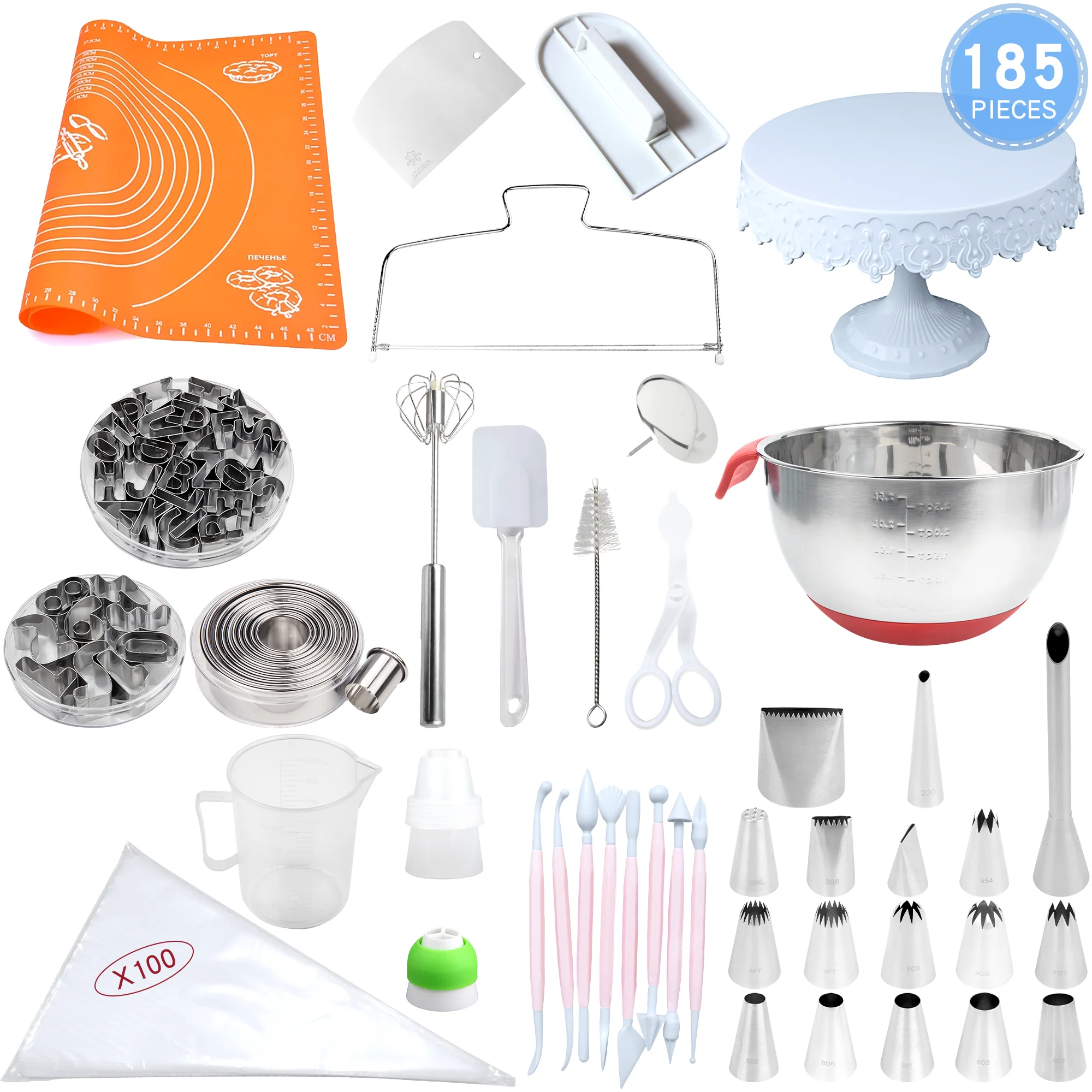 

185PCS Cake Decorating Kit DIY Baking Tools Set MRF0035 -S/S Icing Tips,Pastry Scrapers,Plastic Bags and Couplers,Spatulas