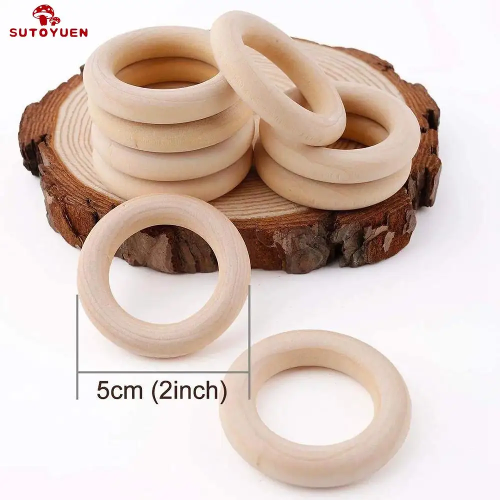 Sutoyuen 50pcs Natural Wood Teething Beads Wooden Ring for Teethers DIY Wooden Jewelry Making Crafts 40/50/55 / 70mm