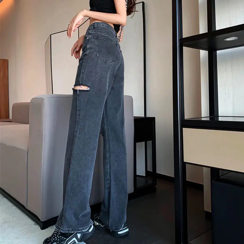 Jeans Womens Spring Leisure Soft Streetwear Chic Daily High Waist Korean Style Fit Hole All-match Loose Fashion Vintage New Lady