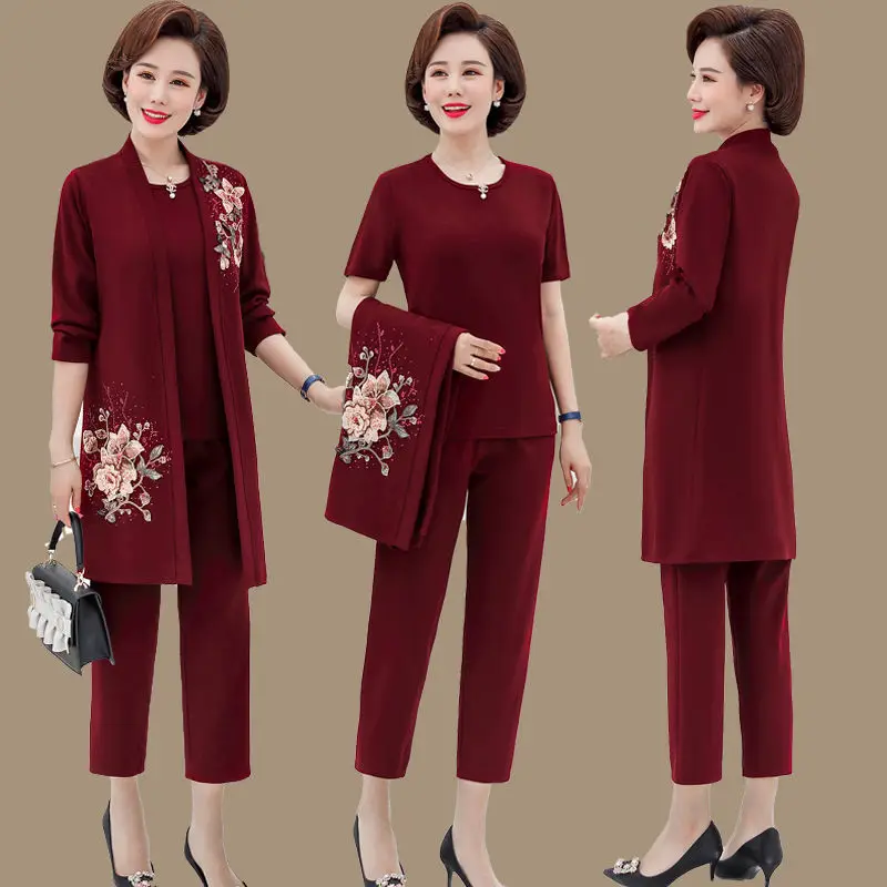 

Женский костюм из трех предметов, куртка с длинным рукавом и цветочным принтом + короткий топ и свободные брюки, большие размеры 5XL W284, весна-осень 2024