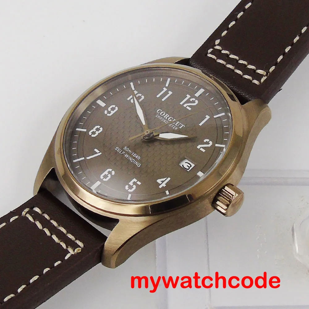 40mm corgeut brown dial data janela 316l caixa de aço inoxidável pulseira de couro marrom nh35 movimento automático relógio masculino