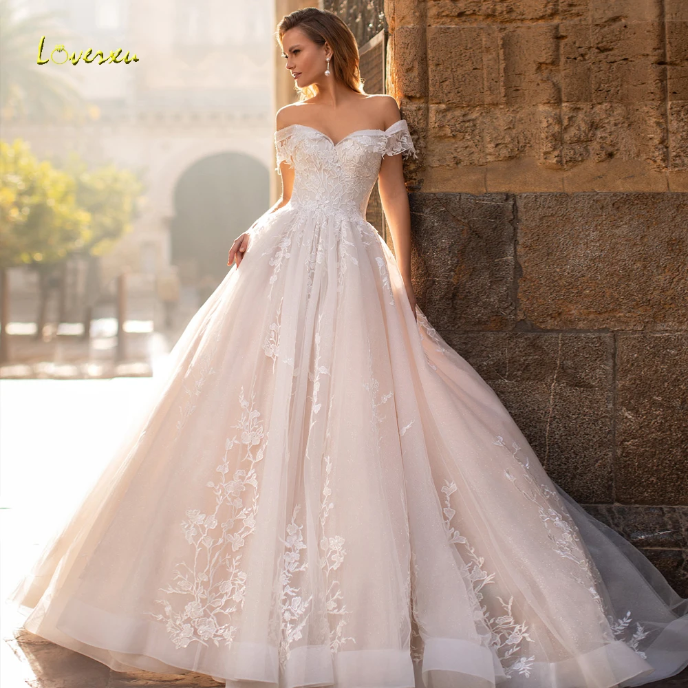 Loverxu A-Line vestidos De Novia elegantes Sweetheart fuera del hombro Vestido De Novia Apliques De encaje hecho a medida bata De Mariee