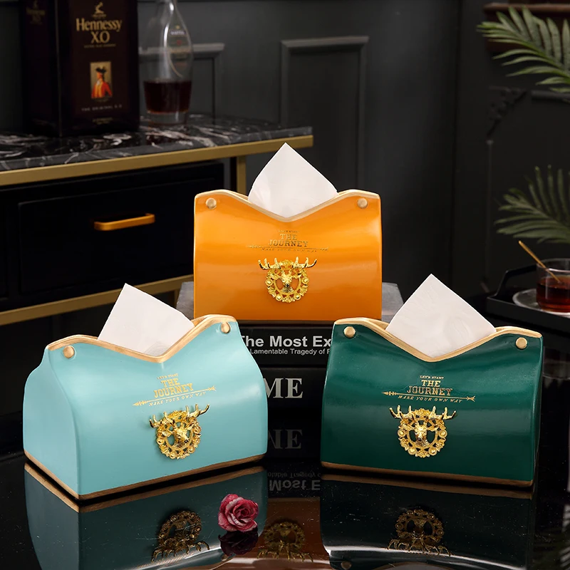 

Golden Deer Head Ceramic Tissue Boxes Nordic Modern Luxurious Color Glaze Napkin Holder Coffee Table Paper Towel Organization
