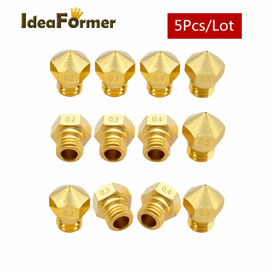 5Pcs MK10 MK2 Brass Nozzle M7 Thread Bore 0.2/0.3/0.4/0.5/0.6/0.8/1.0mm For 1.75mm filament 3D Printer Extruder Print Head Part.