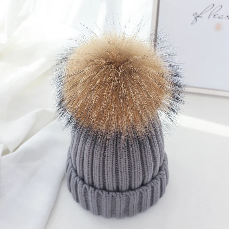 New Raccoon Fur Ball Cap Pom Poms Winter Hat for Women Knitted Hat Girl Knitted Beanies Cap Thick Warm Female Girls Pompom Cap