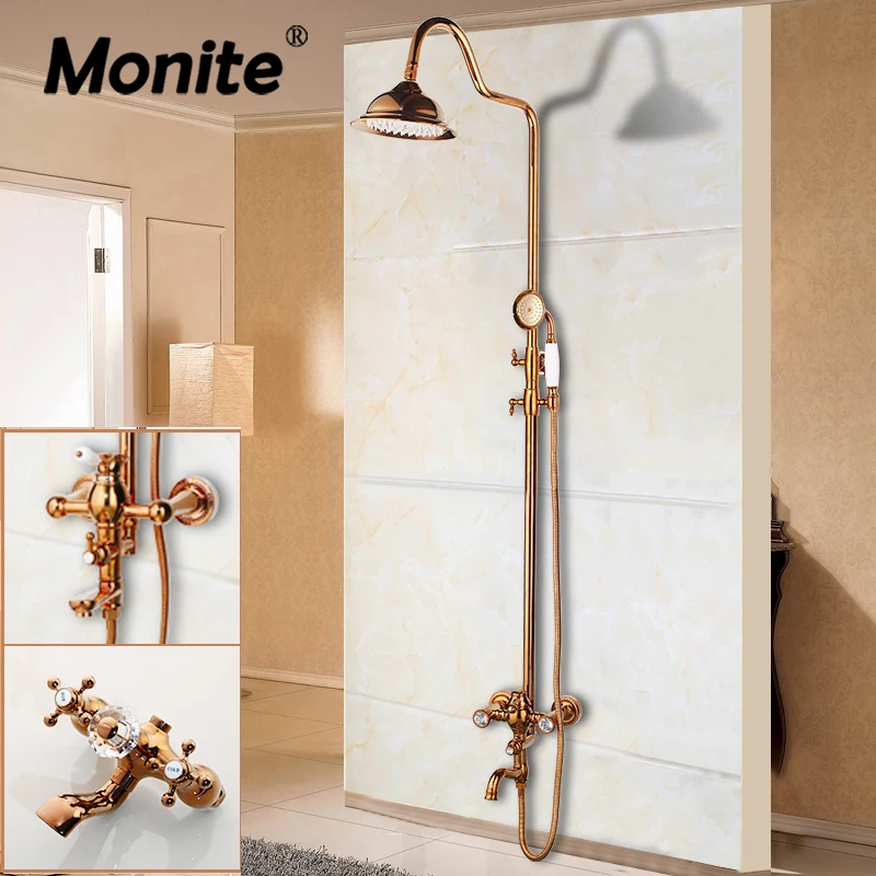 

Monite Rose Golden Polish Solid Brass Bathroom Bathtub Shower Set Rainfall Shower Head Crystal 2 Handles Shower Faucet Mixer Tap