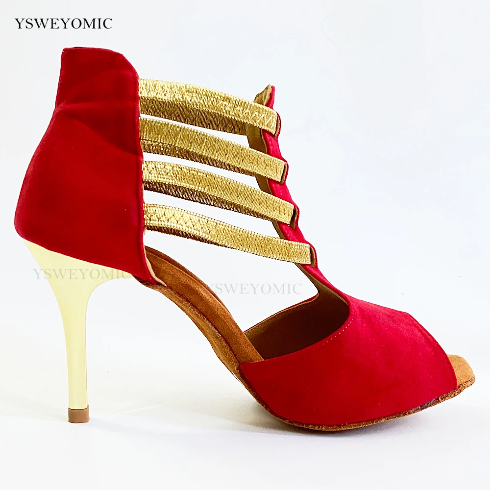 Zapatos de baile de Salsa roja con tiras elásticas doradas, plantilla suave, interior, fiesta de baile latino, botines de baile