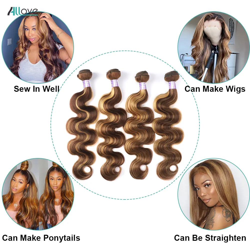 Allove Highlight บราซิล Body WAVE Human Hair Bundles 4/27 น้ําผึ้งสีบลอนด์สีบราซิลผมรวมกลุ่ม 1/3/4 PCS