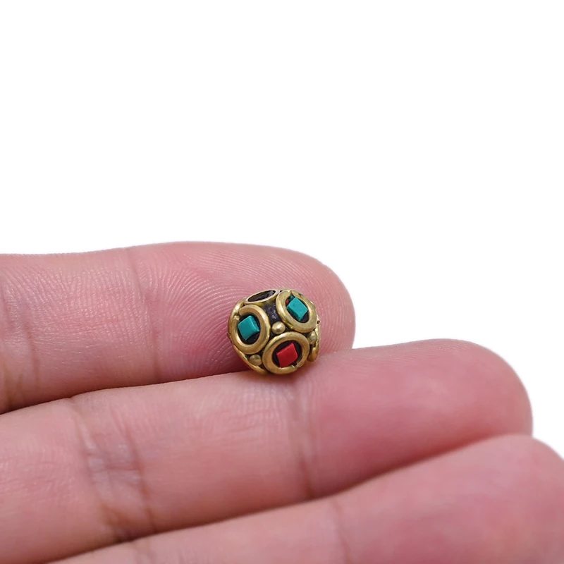 TZ-K Handmade Nepal Buddhist Tibetan Brass Craft Beads for Necklace Jewelry Making DIY Accessories Clay Inlaid Colorful Orb Bead