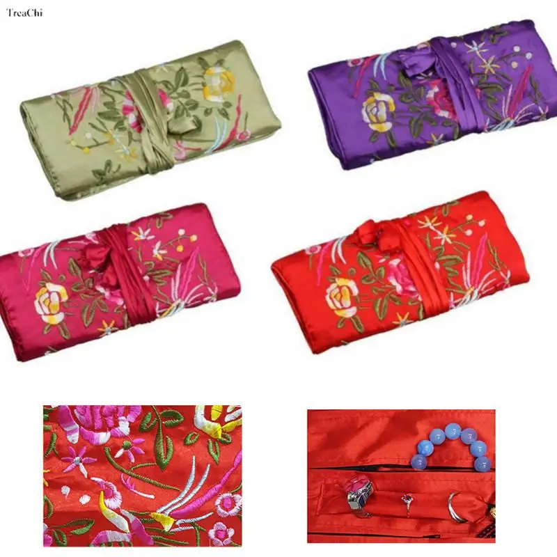 Embroider Jewellery Roll Wraps Oriental Silk Fabric Pendant Ring Accessory Pouch Travel Gem Organizer Jade Carrying Case 5Colors