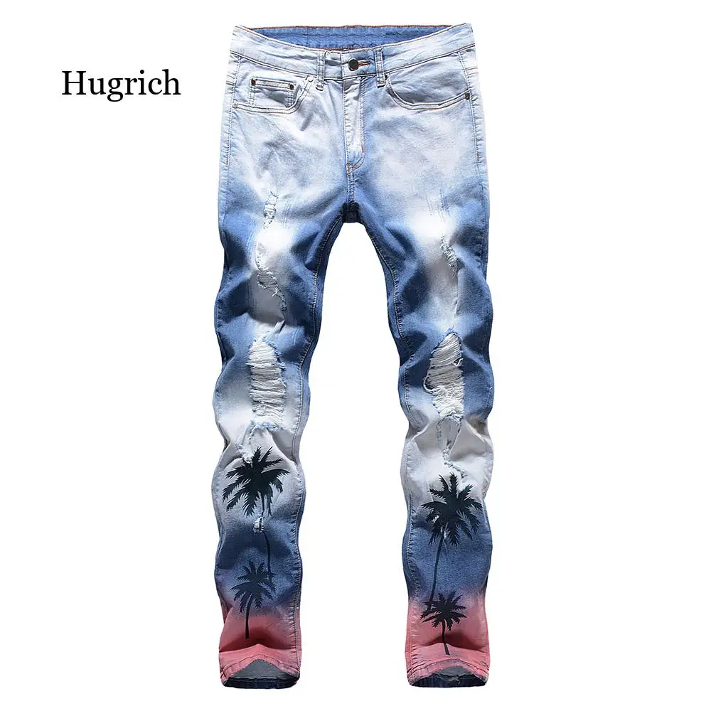 

Men's Coconut Palm Print Ripped Jeans Streetwear Slim Skinny Stretch Denim Pants Holes Painted Trousers
