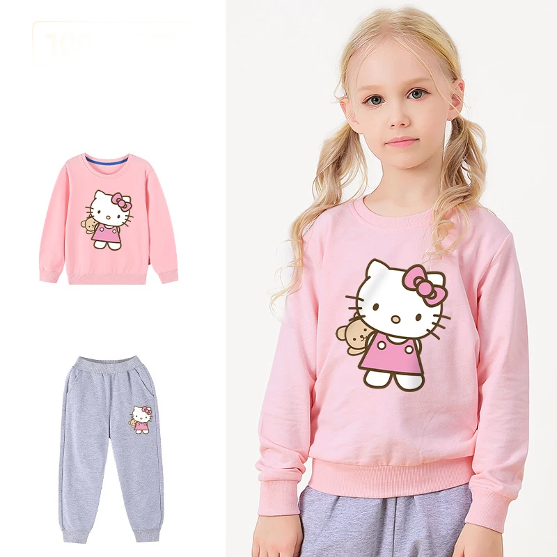 

Hello Kitty 2/PCS girls autumn cotton warm fashion cartoon children sweater bottomed shirt round neck top + Casual Pants Set