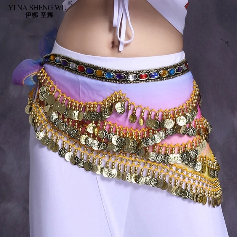 Lady Women Belly Dance Hip Scarf Accessories Belt Skirt With Gold bellydance Tone Coins Waist Chain Wrap Adult Dance Wear New