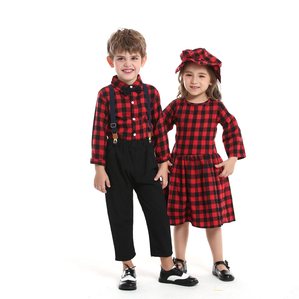 top and top Autumn Winter Brother and Sister Plaid Matching Outfits,Kids Boys Gentleman Clothes+Girls Casual Princess Outfits