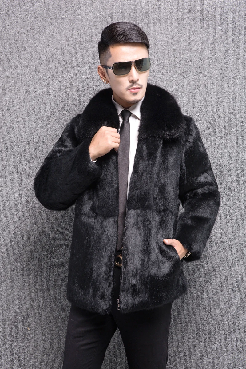 New men Real genunie natural rabbit fur coat with fox fur collar men's fashion jacket warm winter custom any size