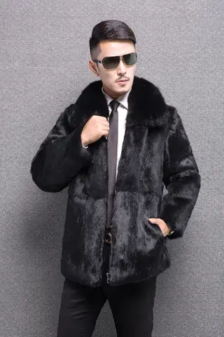 New men Real genunie natural rabbit fur coat with fox fur collar men's fashion jacket warm winter custom any size