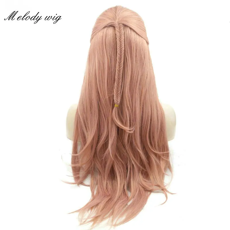 

Melody Synthetic Lace Front Wig Heat Resistant Pastel Rose Pink Long Natural Wave With Fishtail Braids for Women Natural Looking