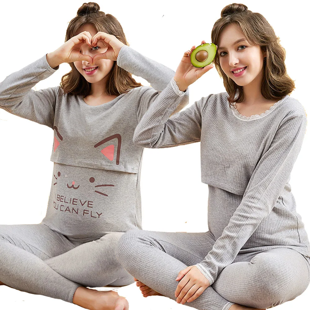 Woman Maternity Sleepwear Cotton Nursing Breastfeeding  Top +Adjustable Pregnant Pants johns Pajamas Set Nightgown Clothes