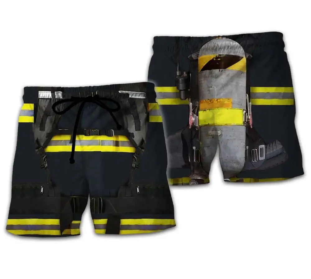 Cosplay Firefighting Summer Men Board Shorts 3D Printed Fashion Men's Firemen Shorts Boys Black Trousers Plus Size 5XL Quick Dry