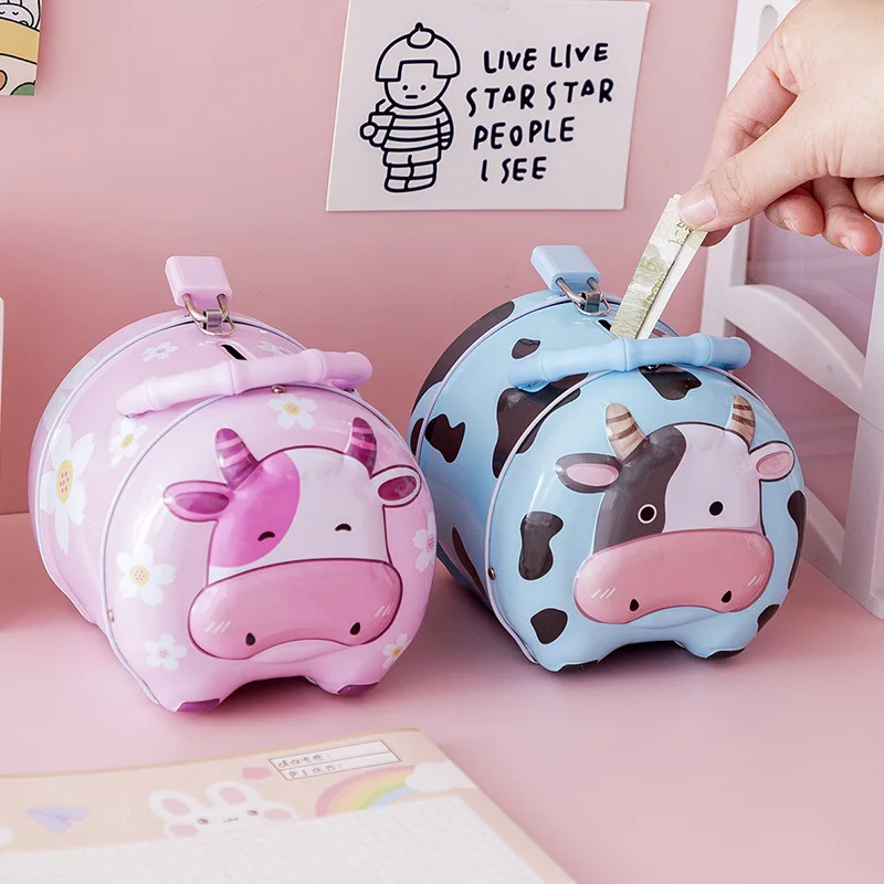 Cow Metal Coin Bank New Portable Tin Piggy Bank Children Cartoon Animal Money Box Financial Awareness Training Toy