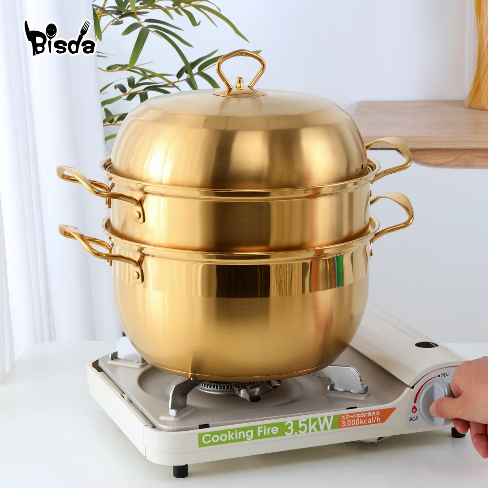 3 layers Steamer Pot Stainless Steel Steamer Cooker Gold Cookware Boiler Tools Soup Pot Cooking Pots for Cooker Gas Stove