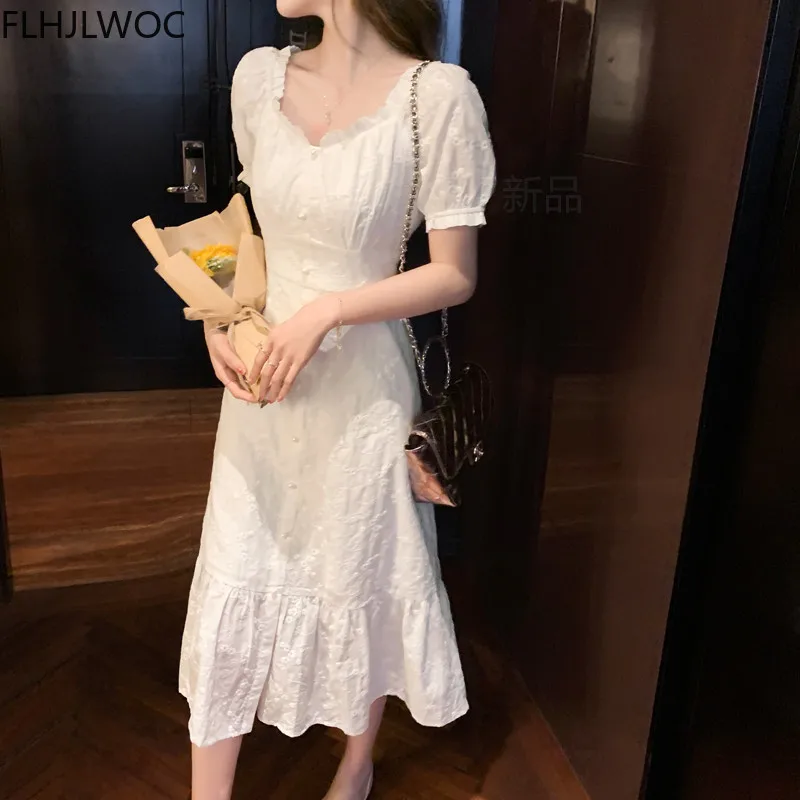 French Design Style Ruffled Feminine Vestidos Women Office Lady Short Sleeve White Lace Single Breasted Button Shirt Dress Long