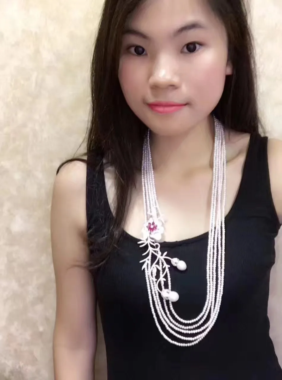 New 5strands 4-5mm white freshwater  pearl micro inlay zircon buckle flower accessories necklace long 75-80cm