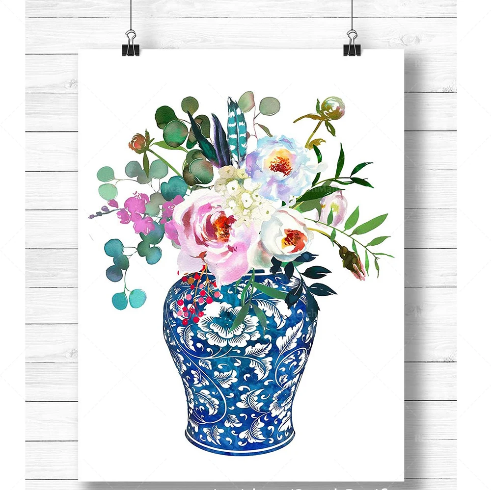 Watercolor ginger pot bouquet, printable art, Hampton style, watercolor painting, floral plant pattern