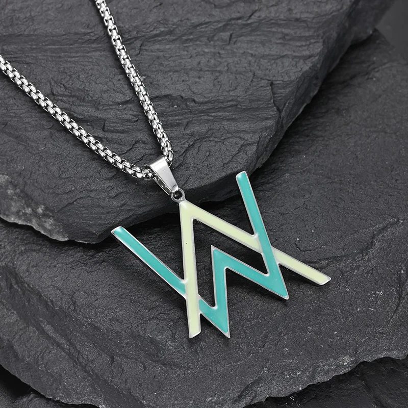 Stainless Steel Night Glowing Necklace Alan Walker Luminous Pendant Necklace AW Letter Glow Popular Jewelry Hip Hop Rock Star