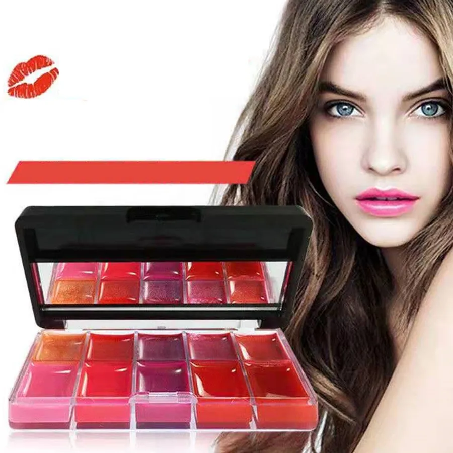 10Colors Lip Gloss Palette Comestic Plate With Brush Long Lasting Makeup Glitter Moisture Lipstick