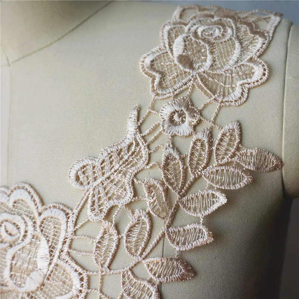 Beige Embroidered Gown Appliques Lace Fabric Trims Collar Mesh Sew On Patches For Wedding Decoration Dress DIY