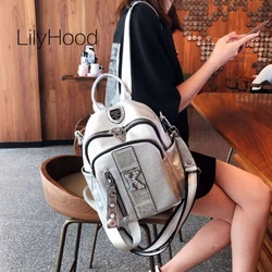 Women Fashion PU Vegan Leather Rhinestone Backpack 2024 Female Casual Daily Soft Artificial Leather Travel Small Silver Knapsack