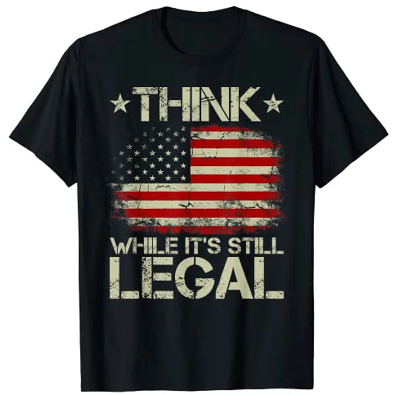 Vintage Old American Flag Think While It's Still Legal T-Shirt Men Clothing Graphic Tee Shirts