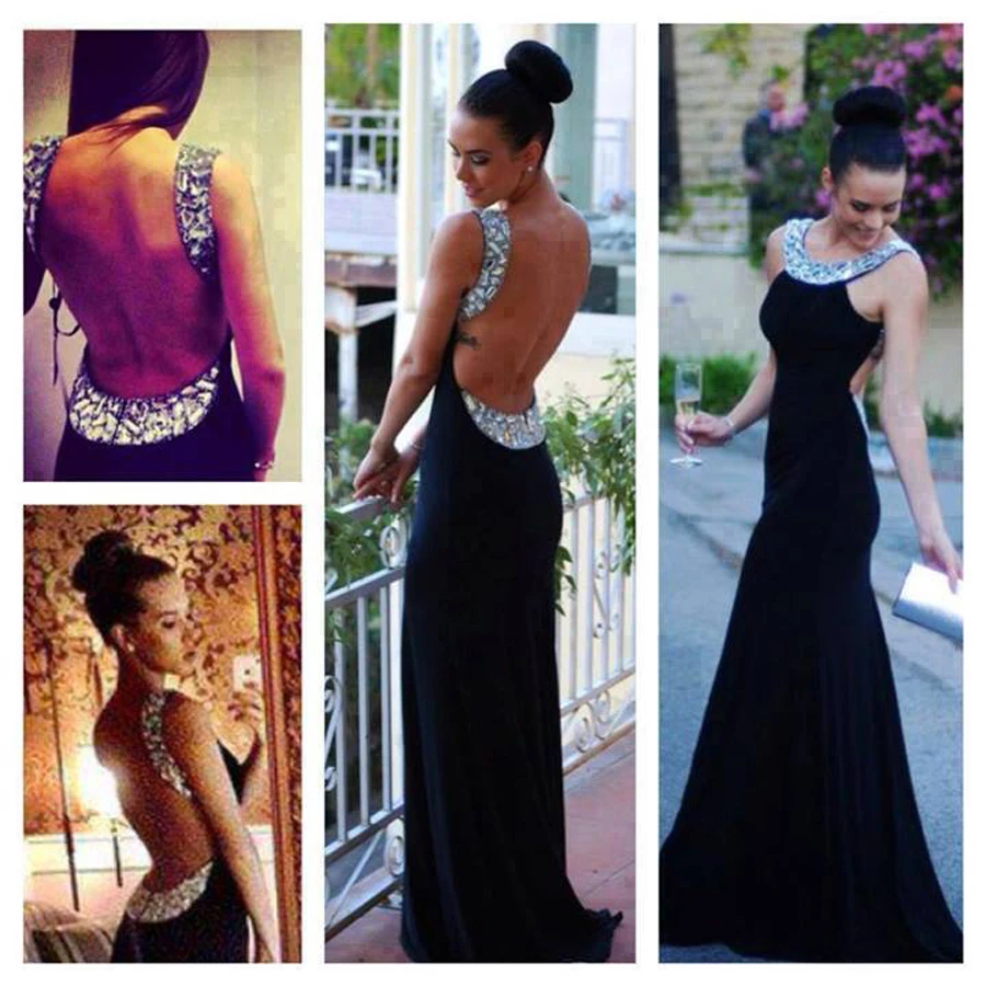 

new Spring Scoop Crystal Shinning Black Long robe de soiree Mermaid Chiffon Open Back Party Prom Gown 2025 bridesmaid dresses