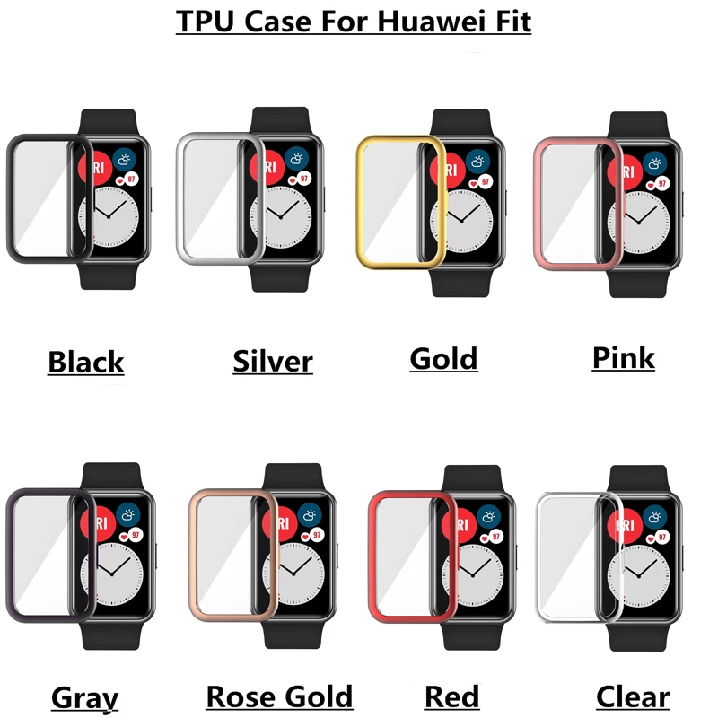 TPU Soft Full Screen Glass Protector Case Shell Edge Frame For Huawei Watch Fit Strap Band Protective Bumper Cover Accessories