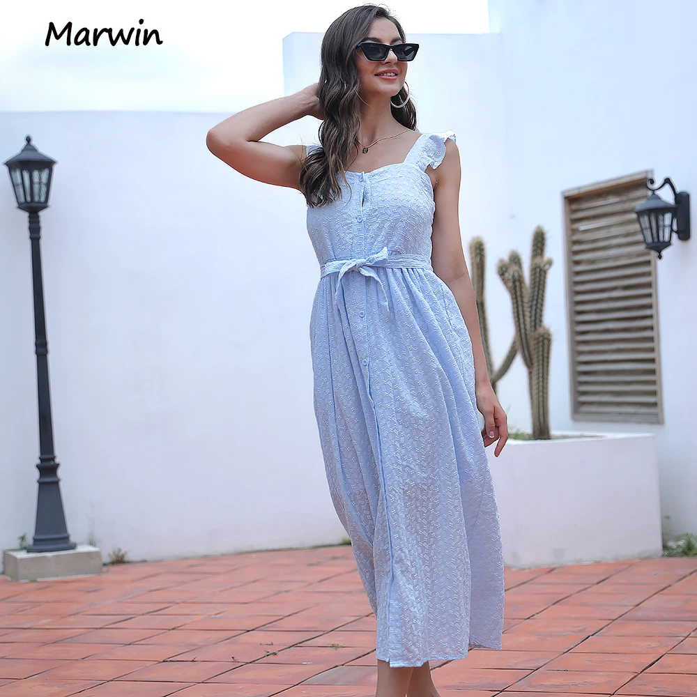 

Marwin Simple Long Casual Solid Hollow Out Pure Cotton Holiday Style High Waist Fashion Mid-Calf Summer Dresses NEW Vestidos