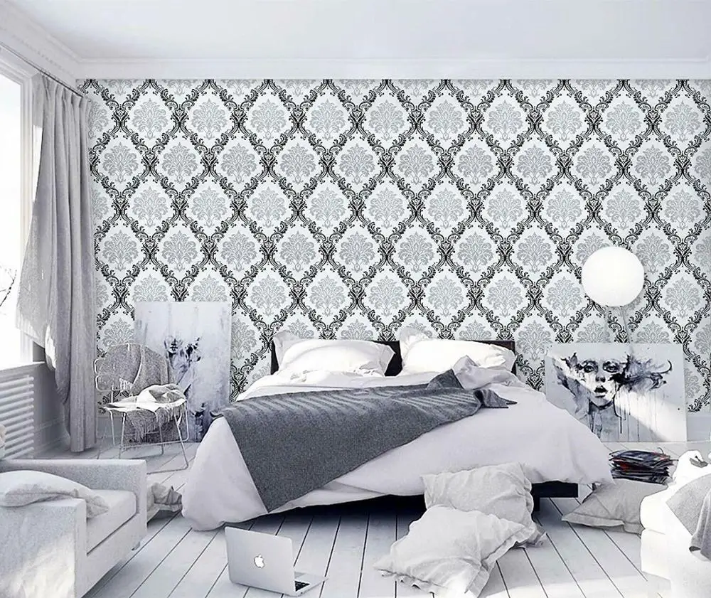 HaoHome White Black Peel and Stick Wallpaper Removable Contact Paper Self Adhesive Vinyl Damask Wall Coverings