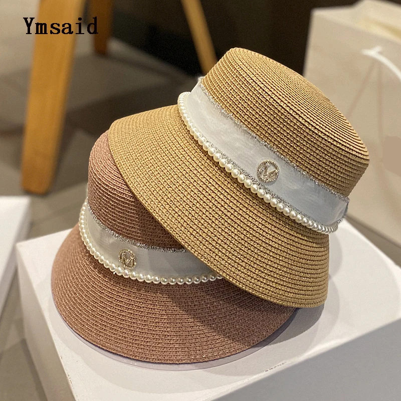 New Women's Sun Hats Summer Elegant Pearl  Bow Straw Hat Fashion Foldable Boater Hat Cap Holiday Audrey Hepburn Beach Hat